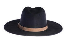 Load image into Gallery viewer, Black rancher hat with a double bound synthetic suede tan trim, back view
