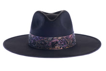 Load image into Gallery viewer, Black polyester suede hat with a jacquard rose trim, front view
