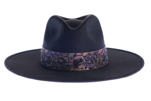 Black polyester suede hat with a jacquard rose trim, front view