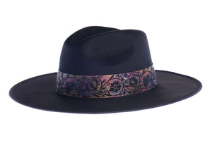 Black polyester suede hat with a jacquard rose trim, left side view