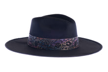 Load image into Gallery viewer, Black polyester suede hat with a jacquard rose trim, right side view

