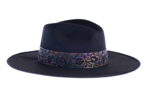 Black polyester suede hat with a jacquard rose trim, right side view