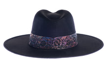 Load image into Gallery viewer, Black polyester suede hat with a jacquard rose trim, back view
