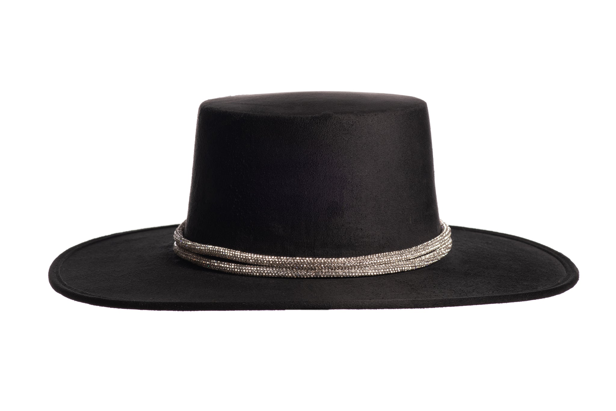 Take A Bow – Black Vegan Suede Boater Hat with Rhinestone Trim