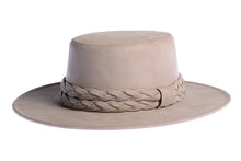 Load image into Gallery viewer, Smokey grey hue cordobes hat made of vegan leather and finished with a statement double braid, left side view
