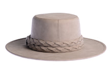 Load image into Gallery viewer, Smokey grey hue cordobes hat made of vegan leather and finished with a statement double braid, back view
