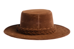 Brown hat composed of soft velour fabric with a double braid, back view