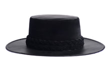 Load image into Gallery viewer, Hat swathed in rich black velour fabric and a brim made of black synthetic leather with a double braid velour trim, right side view
