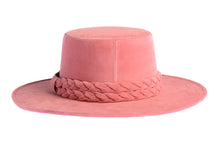 Load image into Gallery viewer, Cordobes hat composed of vibrant pink felt and with a statement double braid, back view
