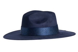 Deep blue suede hat made of polyester with a stiffened crown and shaped into a clean and ridged design which comes with an elastic silk trim, left side view