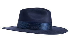 Deep blue suede hat made of polyester with a stiffened crown and shaped into a clean and ridged design which comes with an elastic silk trim, right side view