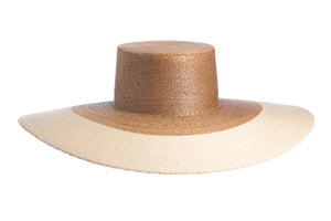 Elegant straw hat and flawlessly finished with a light tone brim interlaced with palm leaves to create the finished design, front view