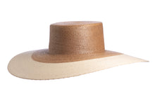 Load image into Gallery viewer, Elegant straw hat and flawlessly finished with a light tone brim interlaced with palm leaves to create the finished design, left side view
