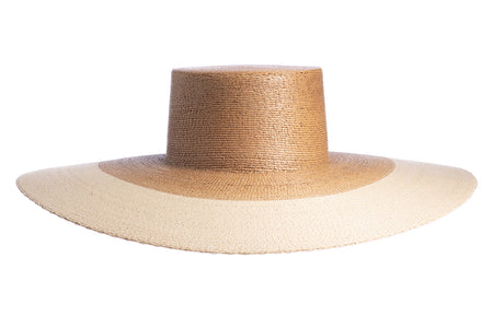 Elegant straw hat and flawlessly finished with a light tone brim interlaced with palm leaves to create the finished design, back view