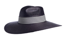 Load image into Gallery viewer, Straw wide palma hat made with palm leaves and finished with a cotton striped trim, left side view
