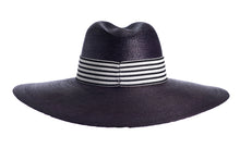 Load image into Gallery viewer, Straw wide palma hat made with palm leaves and finished with a cotton striped trim, back view
