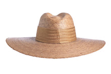 Load image into Gallery viewer, Hat with palm leaves in tan color finished with a golden trim, back view

