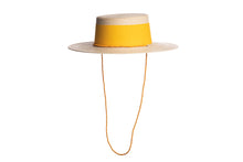 Load image into Gallery viewer, Wide tan brim palm hat with a yellow wide cotton trim and a yellow beaded chain, left side view

