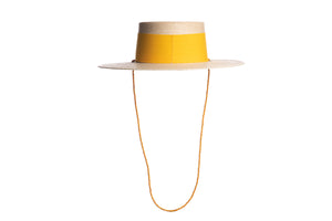 Wide tan brim palm hat with a yellow wide cotton trim and a yellow beaded chain, back view