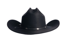 Load image into Gallery viewer, A black cowboy hat with a black band and small silver conchos. Back 
