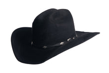 Load image into Gallery viewer, A black cowboy hat with a black band and small silver conchos.
