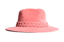 Load image into Gallery viewer, Hat swathed of rich pink velour fabric with a stiffened peaked crown and a pink double braid trim, right side view
