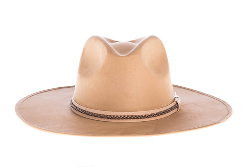 Suede hat shaped into a clean and ridged design with double bound synthetic suede and braided trim, front view