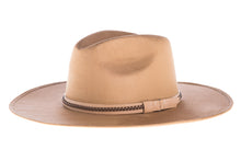 Load image into Gallery viewer, Suede hat shaped into a clean and ridged design with double bound synthetic suede and braided trim, left side view
