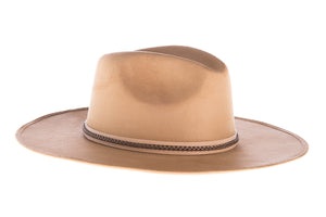 Suede hat shaped into a clean and ridged design with double bound synthetic suede and braided trim, right side view