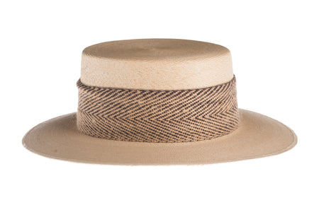 Straw hat made of Palm leaf in a natural color finished with a dual textured trim and criss-cross detail, right side view