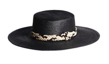 Load image into Gallery viewer, Wide black brim palm hat with woven straw trim in a crisscross design, left side view
