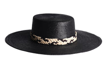 Load image into Gallery viewer, Wide black brim palm hat with woven straw trim in a crisscross design, right side view
