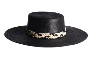 Wide black brim palm hat with woven straw trim in a crisscross design, right side view