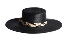 Load image into Gallery viewer, Wide black brim palm hat with woven straw trim in a crisscross design, front view

