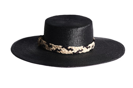 Wide black brim palm hat with woven straw trim in a crisscross design, front view