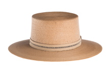 Load image into Gallery viewer, Straw hat made of Palm leaf in a natural color finished with an embroidered trim, front view
