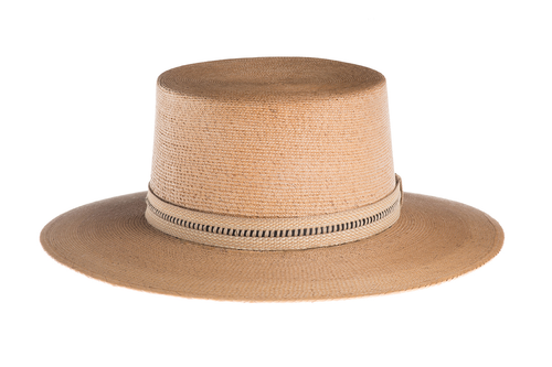 Straw hat made of Palm leaf in a natural color finished with an embroidered trim, front view