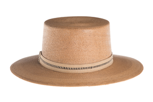 Straw hat made of Palm leaf in a natural color finished with an embroidered trim, back  view