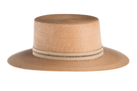 Straw hat made of Palm leaf in a natural color finished with an embroidered trim, right side view
