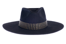 Load image into Gallery viewer, Black hat composed of the finest wool, it has an elegant structured crown, finished with a studded trim that defines the body of the hat. Front view
