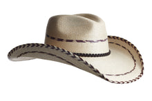 Load image into Gallery viewer, A light beige straw cowboy hat with a dark brown braided band and matching braided trim along the brim's edge, shown against a plain white background. Right side
