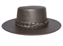 Load image into Gallery viewer, Cordobes hat in bronze color crafted with a metallic vegan leather made from nopal, finished with double braided trim, left side view
