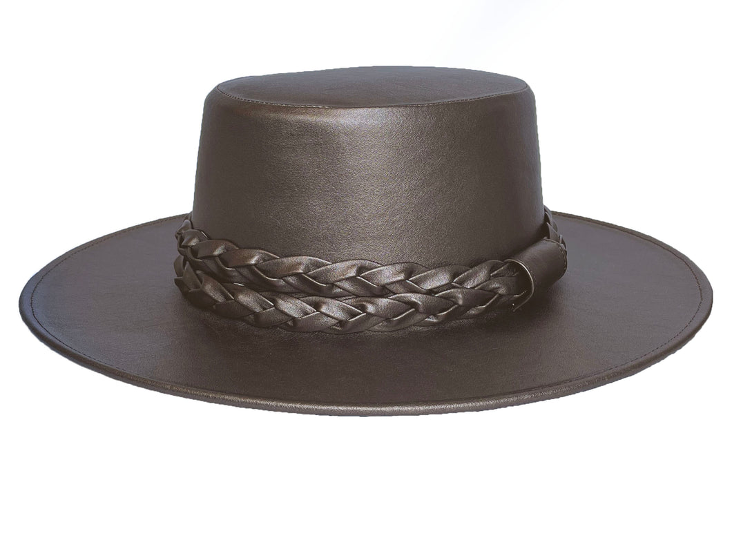 Cordobes hat in bronze color crafted with a metallic vegan leather made from nopal, finished with double braided trim, left side view