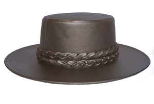 Cordobes hat in bronze color crafted with a metallic vegan leather made from nopal, finished with double braided trim, right side view