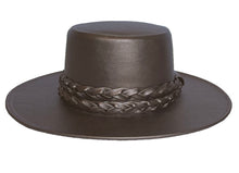 Load image into Gallery viewer, Cordobes hat in bronze color crafted with a metallic vegan leather made from nopal, finished with double braided trim, front view
