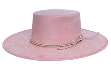 Load image into Gallery viewer, Vegan suede hat in soft pink color, finished with a statement double braid, left side view
