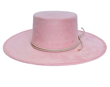 Load image into Gallery viewer, Vegan suede hat in soft pink color, finished with a statement double braid, front view
