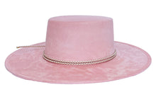 Load image into Gallery viewer, Vegan suede hat in soft pink color, finished with a statement double braid, right side view
