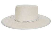 Load image into Gallery viewer, White suede hat with a boater crown and finished with a statement bolo braid, right side view
