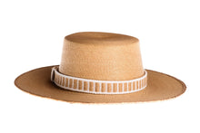 Load image into Gallery viewer, Straw hat made of palm leaves in tan color completed with a rustic cotton and jute trim, back view
